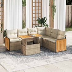 Salon de jardin avec coussins 7 pcs beige résine tressée acacia