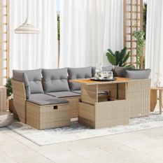 Salon de jardin avec coussins 7 pcs beige résine tressée acacia