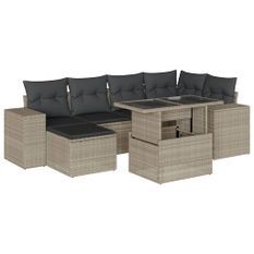 Salon de jardin avec coussins 7 pcs gris clair résine tressée