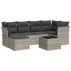 Salon de jardin avec coussins 7 pcs gris clair résine tressée