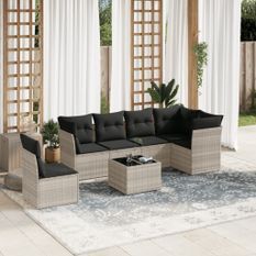 Salon de jardin avec coussins 7 pcs gris clair résine tressée