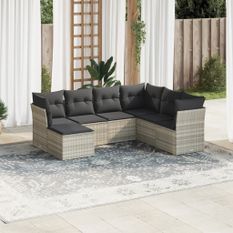 Salon de jardin avec coussins 7 pcs gris clair résine tressée