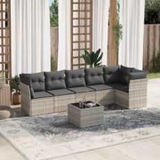 Salon de jardin avec coussins 7 pcs gris clair résine tressée