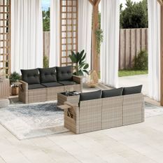 Salon de jardin avec coussins 7 pcs gris clair résine tressée