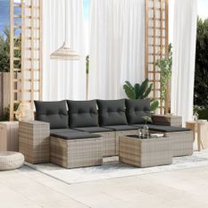 Salon de jardin avec coussins 7 pcs gris clair résine tressée