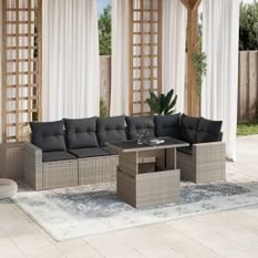 Salon de jardin avec coussins 7 pcs gris clair résine tressée