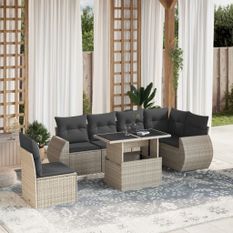 Salon de jardin avec coussins 7 pcs gris clair résine tressée