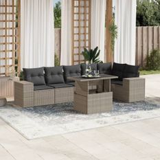 Salon de jardin avec coussins 7 pcs gris clair résine tressée