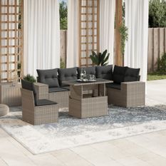 Salon de jardin avec coussins 7 pcs gris clair résine tressée