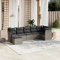 Salon de jardin avec coussins 7 pcs gris clair résine tressée