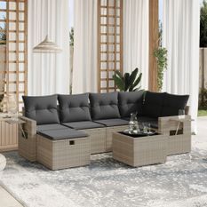 Salon de jardin avec coussins 7 pcs gris clair résine tressée