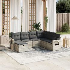 Salon de jardin avec coussins 7 pcs gris clair résine tressée