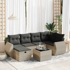 Salon de jardin avec coussins 7 pcs gris clair résine tressée