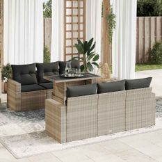 Salon de jardin avec coussins 7 pcs gris clair résine tressée