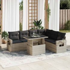 Salon de jardin avec coussins 7 pcs gris clair résine tressée