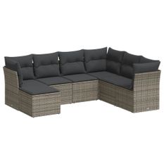 Salon de jardin avec coussins 7 pcs gris résine tressée