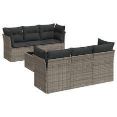 Salon de jardin avec coussins 7 pcs gris résine tressée