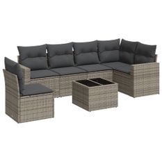 Salon de jardin avec coussins 7 pcs gris résine tressée