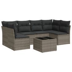 Salon de jardin avec coussins 7 pcs gris résine tressée