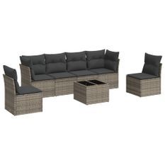 Salon de jardin avec coussins 7 pcs gris résine tressée