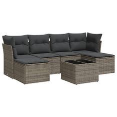 Salon de jardin avec coussins 7 pcs gris résine tressée