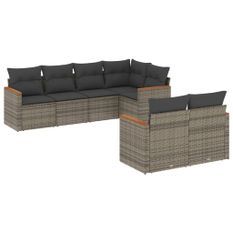 Salon de jardin avec coussins 7 pcs gris résine tressée