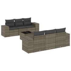 Salon de jardin avec coussins 7 pcs gris résine tressée