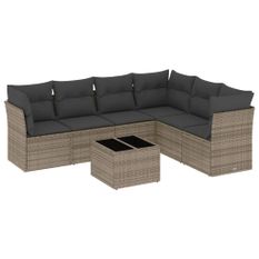 Salon de jardin avec coussins 7 pcs gris résine tressée