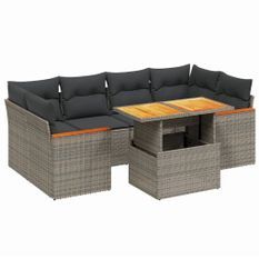 Salon de jardin avec coussins 7 pcs gris résine tressée