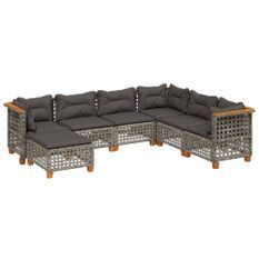 Salon de jardin avec coussins 7 pcs gris résine tressée