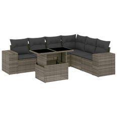 Salon de jardin avec coussins 7 pcs gris résine tressée