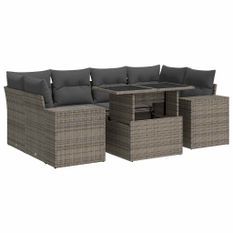 Salon de jardin avec coussins 7 pcs gris résine tressée