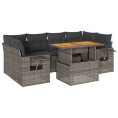 Salon de jardin avec coussins 7 pcs gris résine tressée