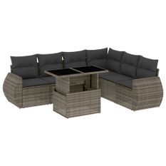 Salon de jardin avec coussins 7 pcs gris résine tressée