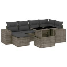 Salon de jardin avec coussins 7 pcs gris résine tressée