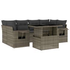 Salon de jardin avec coussins 7 pcs gris résine tressée