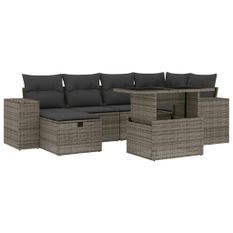 Salon de jardin avec coussins 7 pcs gris résine tressée