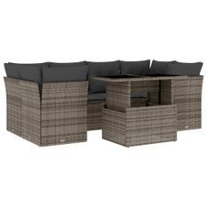 Salon de jardin avec coussins 7 pcs gris résine tressée