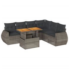 Salon de jardin avec coussins 7 pcs gris résine tressée