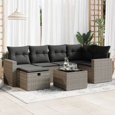 Salon de jardin avec coussins 7 pcs gris résine tressée