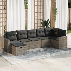 Salon de jardin avec coussins 7 pcs gris résine tressée