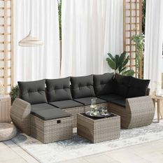 Salon de jardin avec coussins 7 pcs gris résine tressée