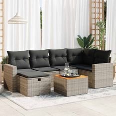 Salon de jardin avec coussins 7 pcs gris résine tressée