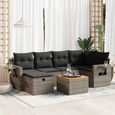 Salon de jardin avec coussins 7 pcs gris résine tressée