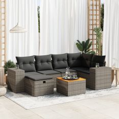 Salon de jardin avec coussins 7 pcs gris résine tressée