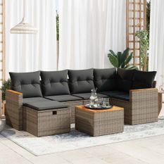 Salon de jardin avec coussins 7 pcs gris résine tressée