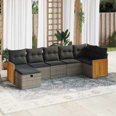 Salon de jardin avec coussins 7 pcs gris résine tressée