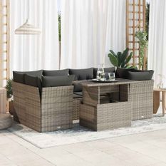 Salon de jardin avec coussins 7 pcs gris résine tressée