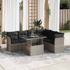 Salon de jardin avec coussins 7 pcs gris résine tressée