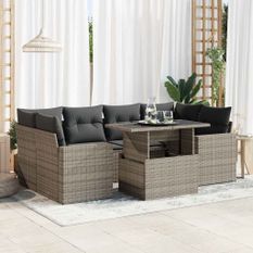 Salon de jardin avec coussins 7 pcs gris résine tressée